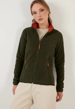 LELA High Collar Zipper Giacca In PileKhaki Donna Felpe L6S21G002-N11